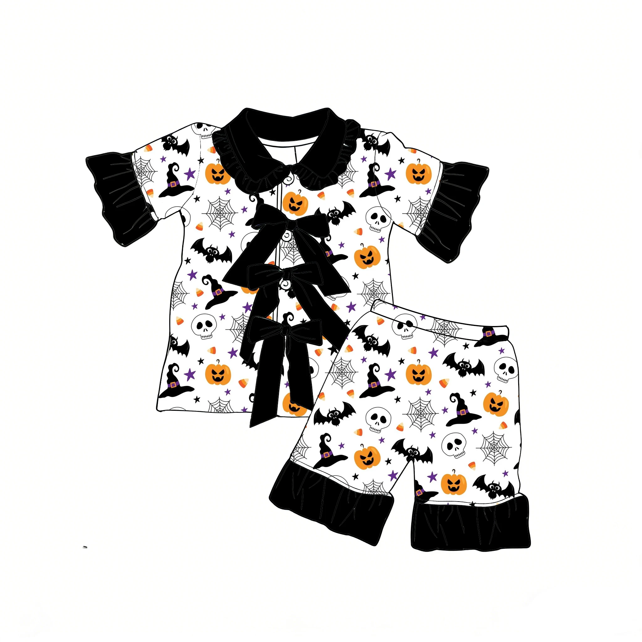 

Halloween New Pumpkin Print Black Ruffled Collar Short-Sleeved Shorts Boutique Pajamas Set