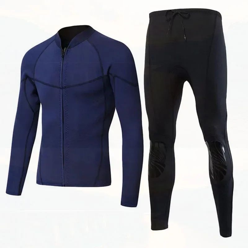 2mm Men's Neoprene Swimwear Two-pieces Wetsuit Blue Jacket Long Pants Keep Warm Spearfishing Snorkeling Scuba Dive Clothing