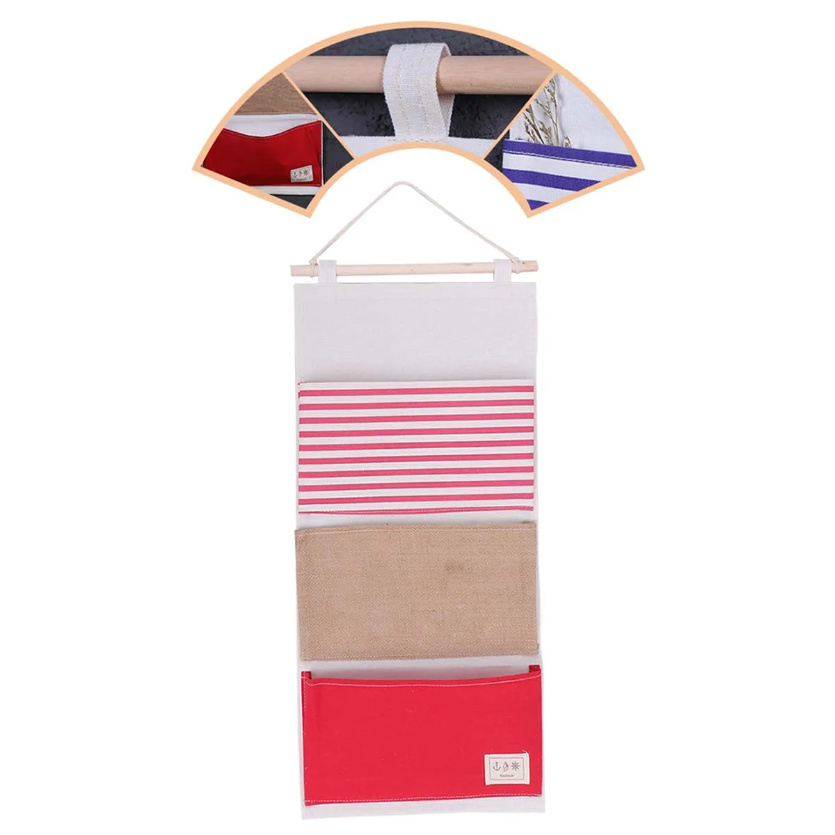 

3 Pockets Wall Hanging Bag Cotton Linen Storage Organizer Waterproof Mildew Proof Wooden Stick Bathroom Kitchen Door Wardrobe