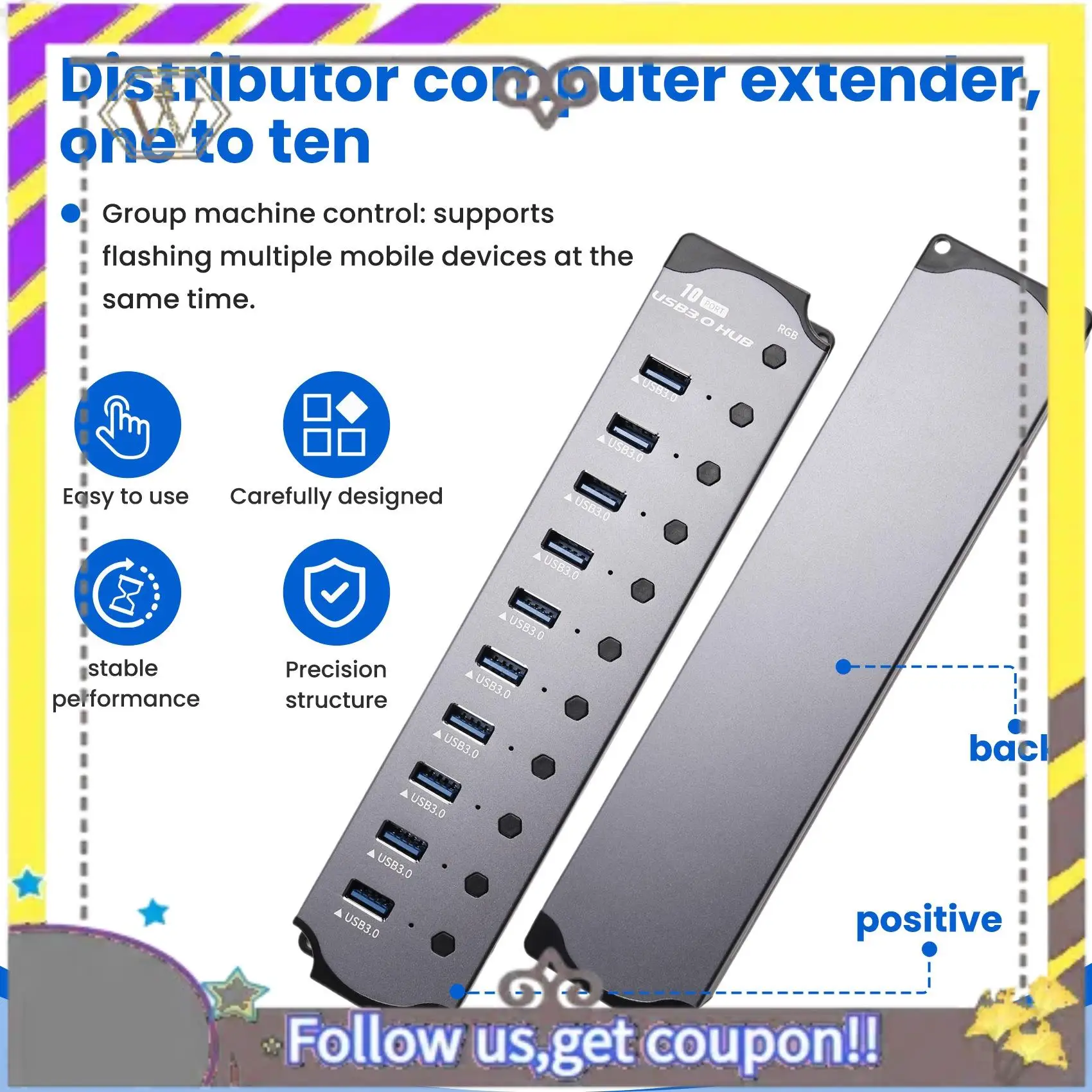 AU33-10 In 1 Powered USB HUB 10 Ports USB Adapter USB Splitter USB 3.0 Interface Individual Switch RGB E-Marker Heat Design