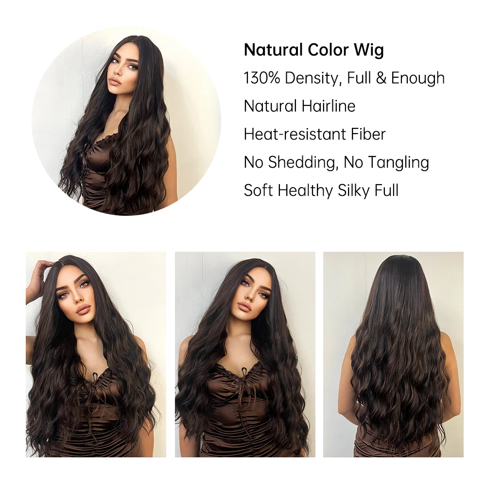 HENRY MARGU Dark Brown Wave Wigs Long Synthetic Wavy Natural Hair Temperature Wigs For Black/White Women Daily Cosplay Wigs