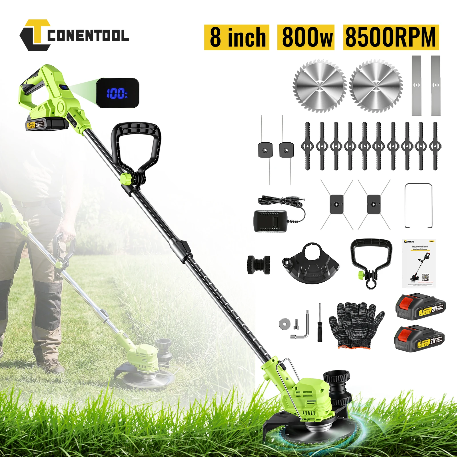 CONENTOOL Tondeuse à gazon sans fil 21V, tondeuse à gazon électrique 8 pouces, 1500W, 15000 tr/min, avec 2 batteries, poignée télescopique