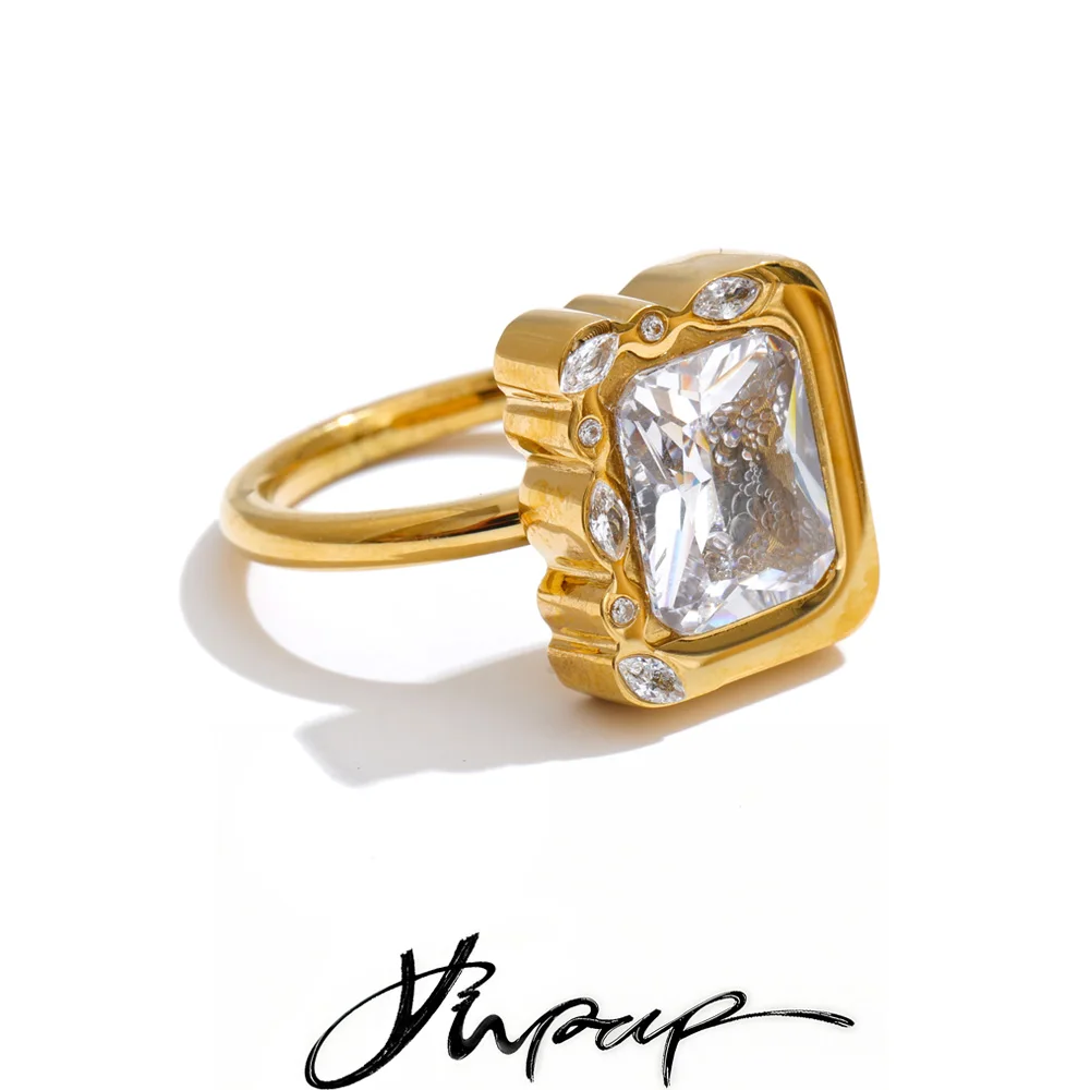 Yhpup Size 678 Stainless Steel Shiny Cubic Zirconia Rectangle Ring High-Grade Glamorous Prom Premium Jewelry Recommend