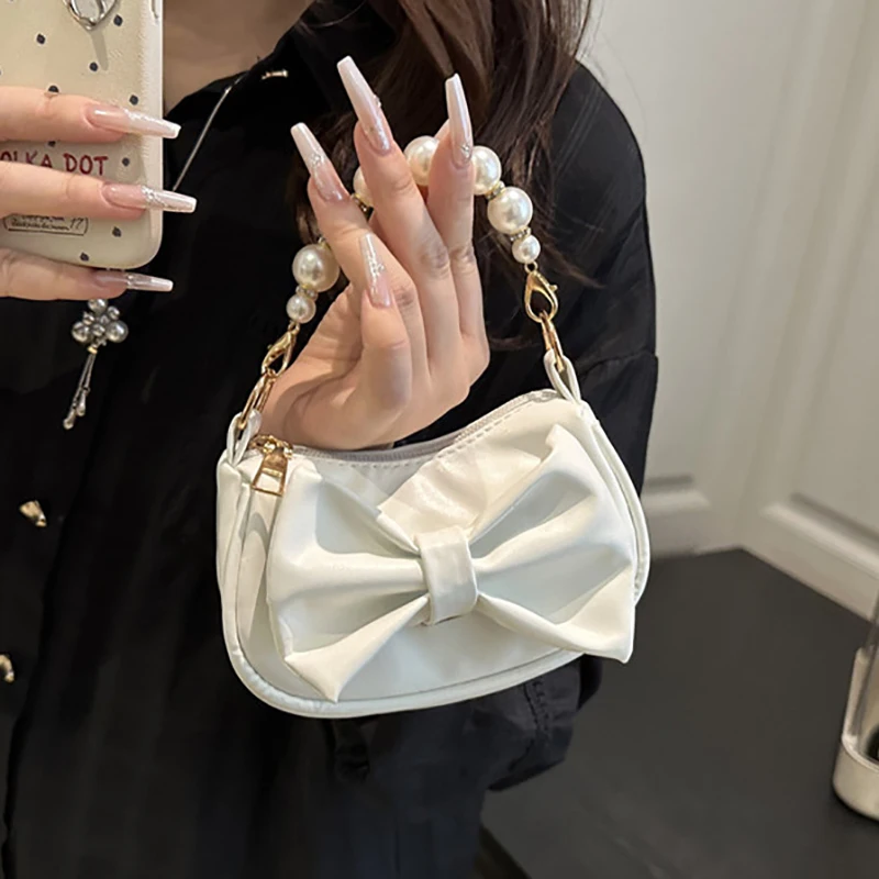 

Bow Mini Handbag Fashionable and Versatile Mini Bag New Korean Version Pearl Bow Bags Casual Handbag Exquisite Zipper Cute Bag