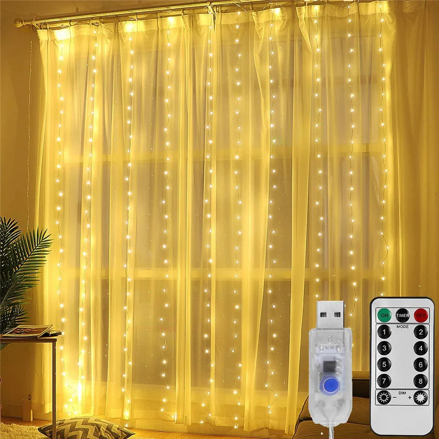 Guirxiété lumineuse LED dégradée pour Noël, rideau en fil de cuivre, lumières pour la maison, fête de mariage, décoration du Nouvel An, télécommande USB, 3x3m, 3x2m