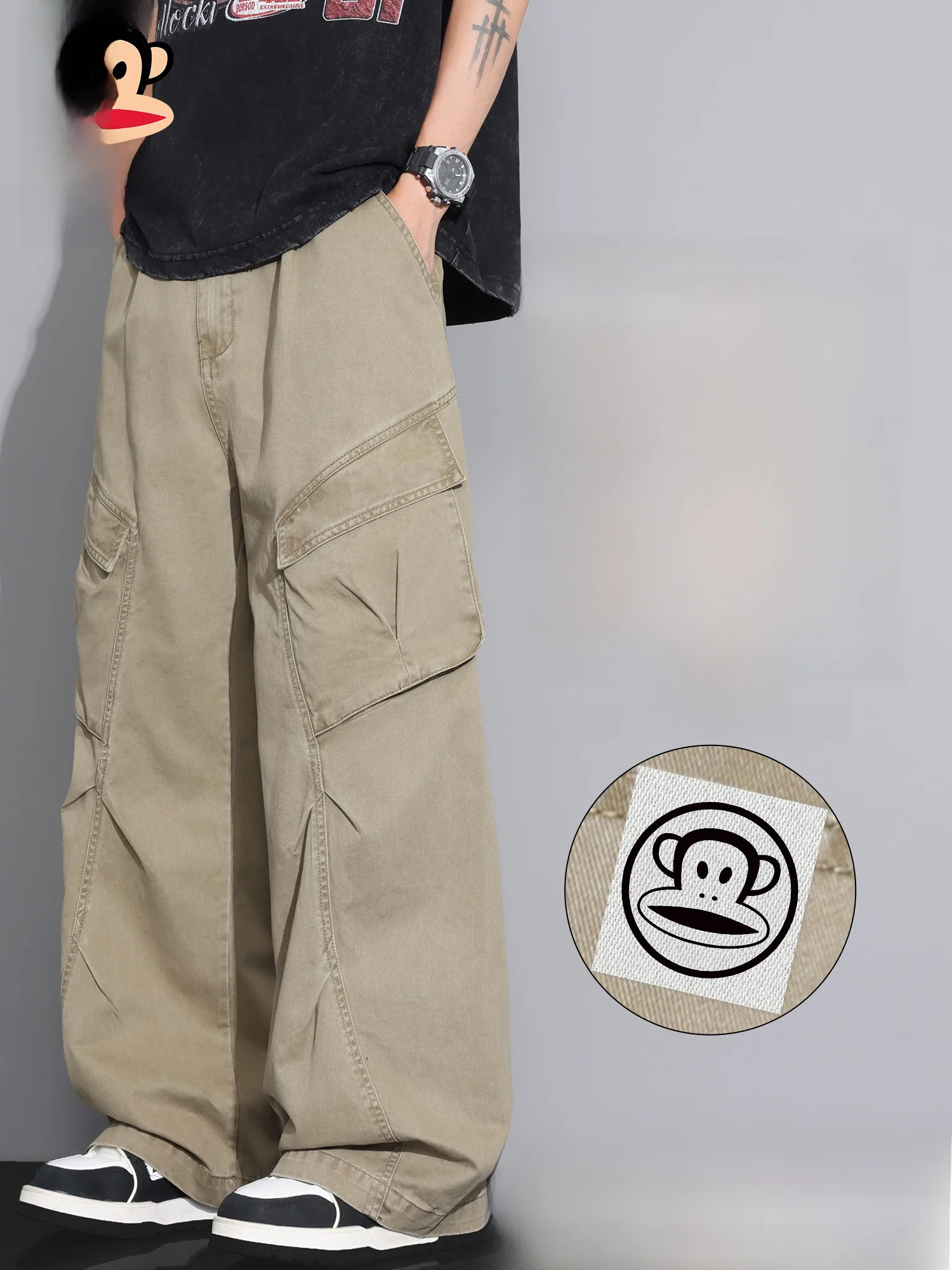 

PaulFrank Men's Casual Pants Spring New Loose Drape Straight Leg Folded Pure Color Workwear Long Trousers American Sle