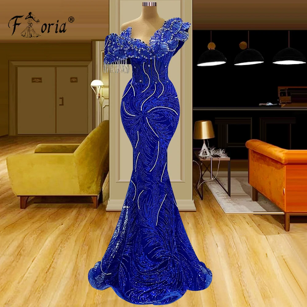 

Elegant Blue Mermaid Luxury Beaded Evening Dresses Arabic Appliques 3D Flower Sequin Prom Dress Wedding Party Gowns Plus Size