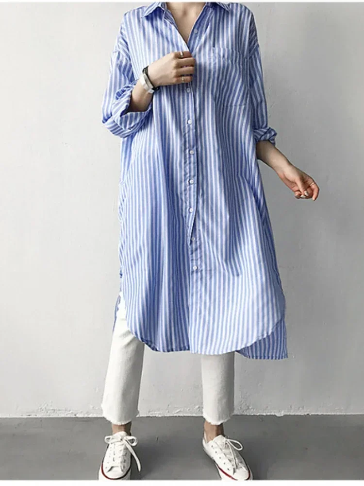 Cool Wind Medium Long Striped Shirt Women's Casual Button Loose Large Lazy Style Powder Blusher Long Sleeve Lining Dress