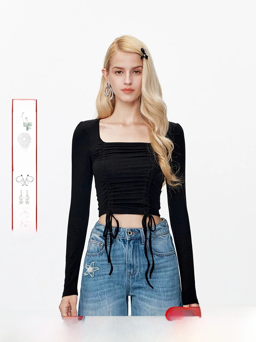 

ROCHAROMMA Autumn Winter Ele Knitted Long Sve Women's Top Square Collar Dstring Slim Fit oulder Pad Base irt