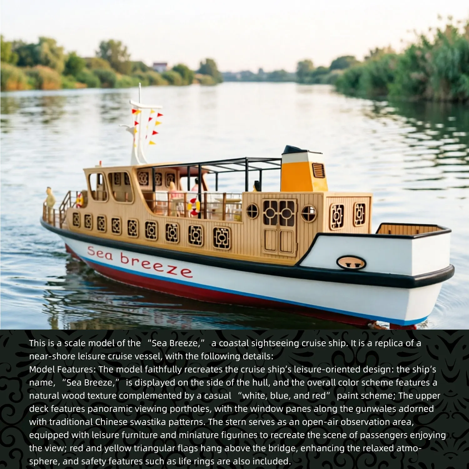 2.4G RC Sea Breeze Tour Cruise Boat Model Fiberglass Wooden Structure Scale Remote Control Ship Hobby Water Toy Collectible