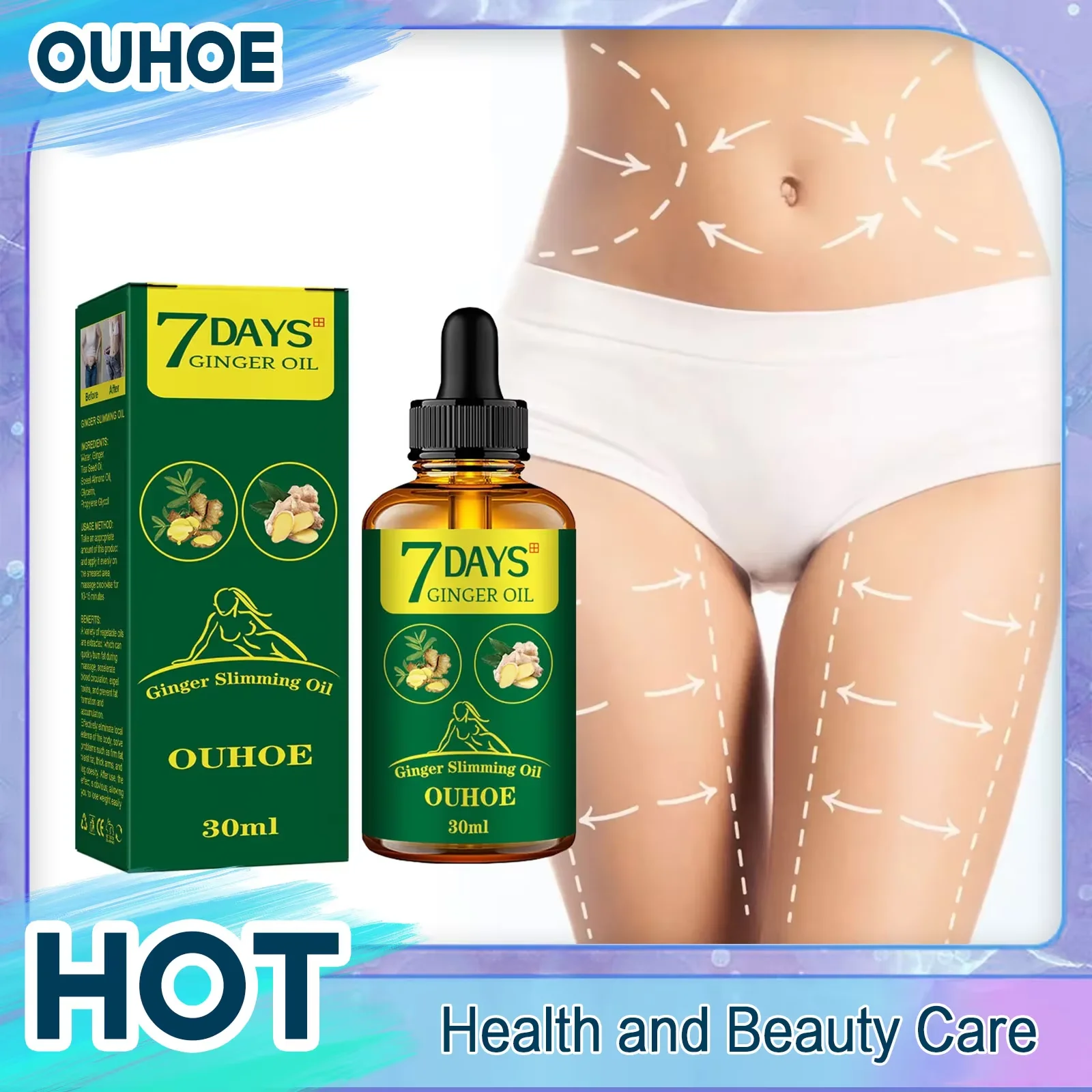 Aceite adelgazante de jengibre, quema rápida de grasa, vientre fino, muslo, modelado de cuerpo completo, anticelulitis, aceite esencial de masaje para pérdida de peso, 30ml