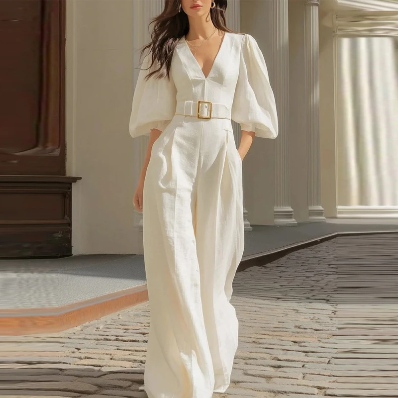 

Elegant Temperament Party Playsuit White Puff Sleeve Design Women's Romper 2026 New Summer High Waisted Commuting Pants Jumpsuit