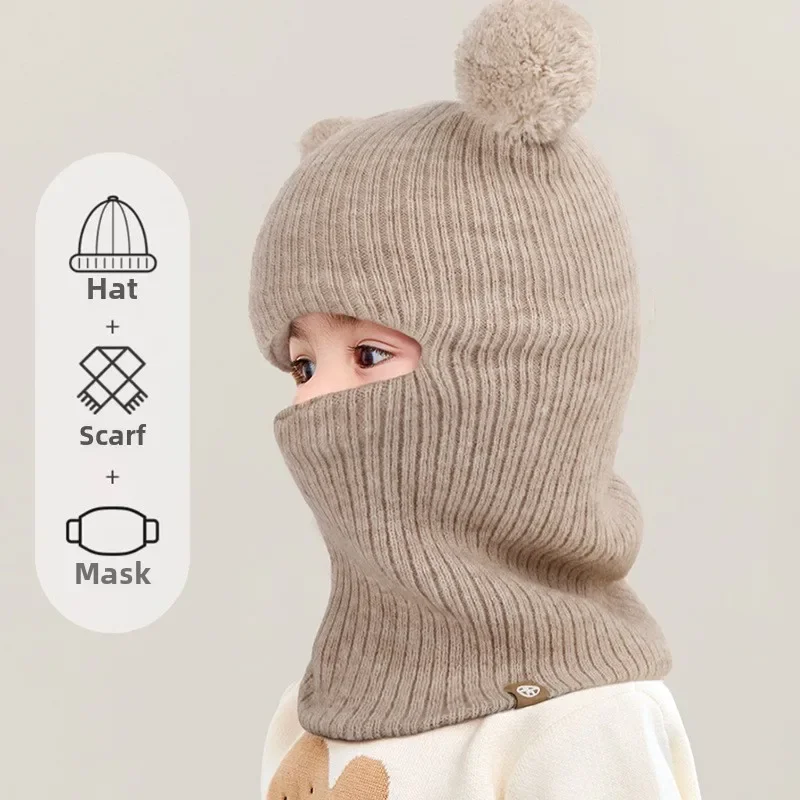 

Baby Autumn Winter Knitted Hat Two Ball Ear Protection Breathable Warm Windproof Full Face Neck Cover