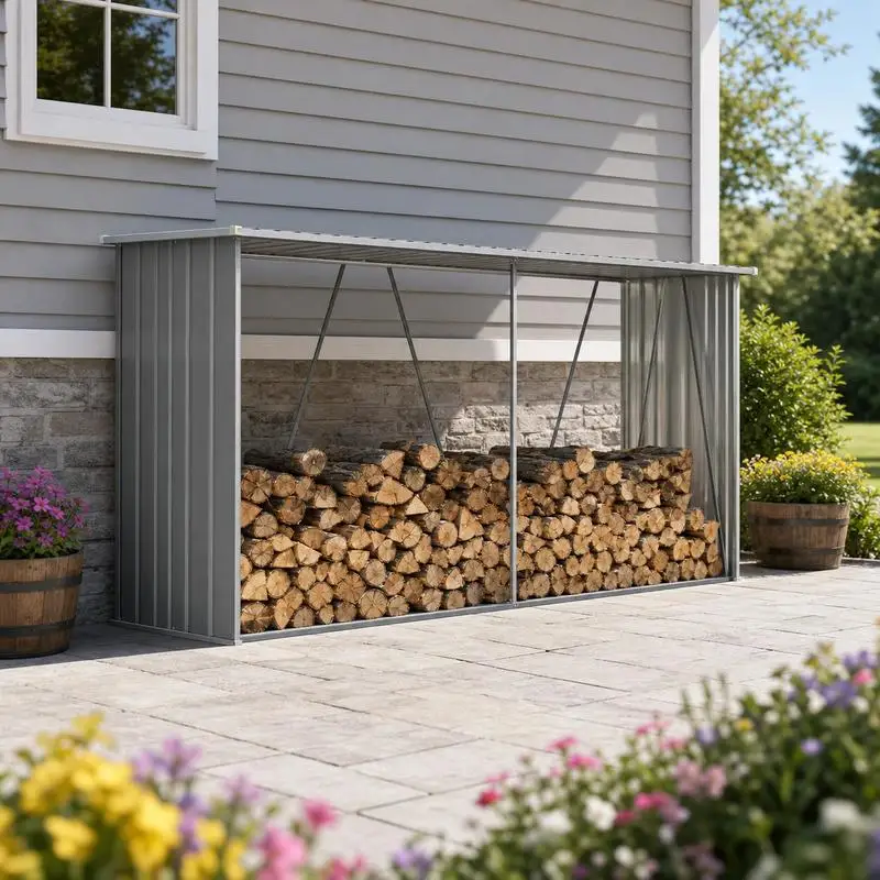 Support à bois de chauffage extérieur, structure en acier galvanisé, conception de toit incliné stable, étagère de rangement pour bûches de jardin, gris, 330x84x152 cm