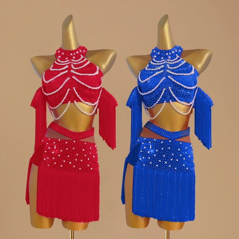 

High End Latin Dance Clothes Competition Costume Girls Women Rhinestone Pearl Tassel Tops Skirt ChaCha Dance Performance Suit