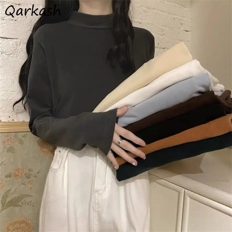 Autumn T-shirts Women Clothing 8 Colors Solid Elegant Basic Tops All-match Leisure Feminino Thickening Cozy Daily Lady Vintage