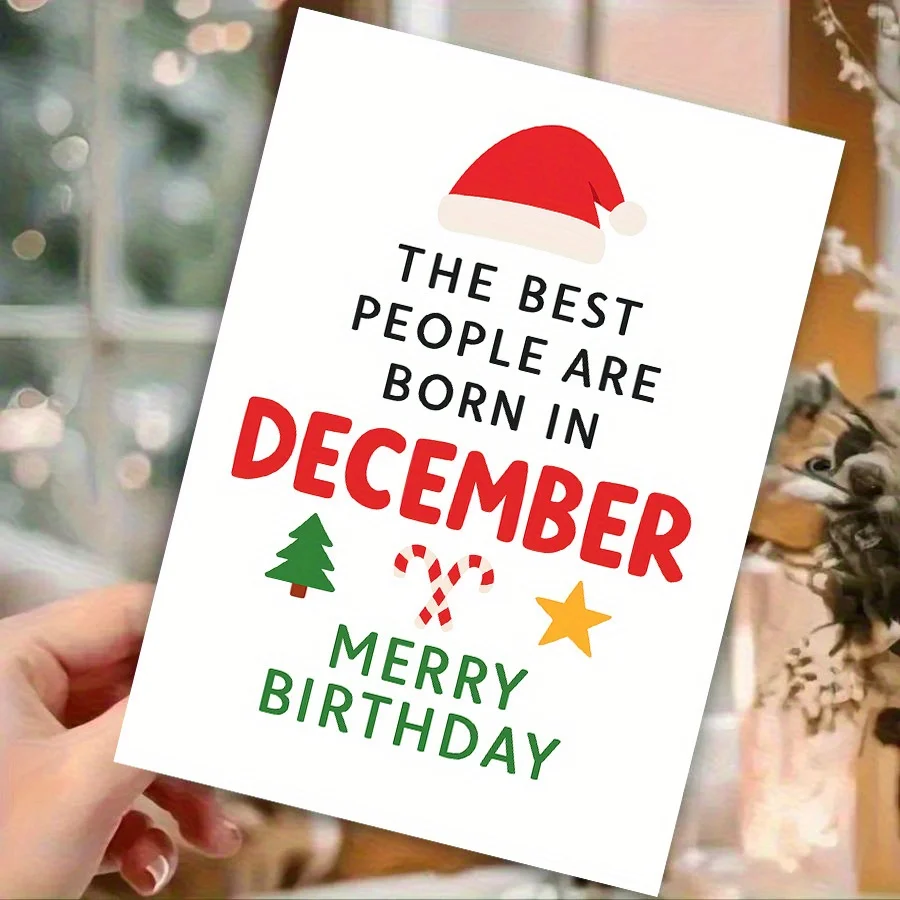 1 Stück festliche Weihnachts-Geburtstagskarte für Dezember-Geburtstage mit Weihnachtsmütze und Baum-Design. Perfekter Weihnachtsgruß für Freunde