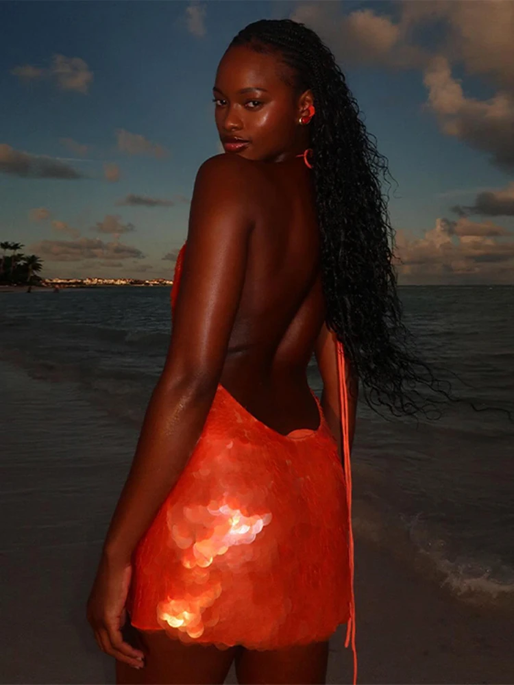 Glitter Sequined Halterชุดสั้นผู้หญิงเซ็กซี่ลึกVแขนกุดBackless Lace Up Party Dresses 2025 ฤดูร้อนใหม่สุภาพสตรีBeachwear