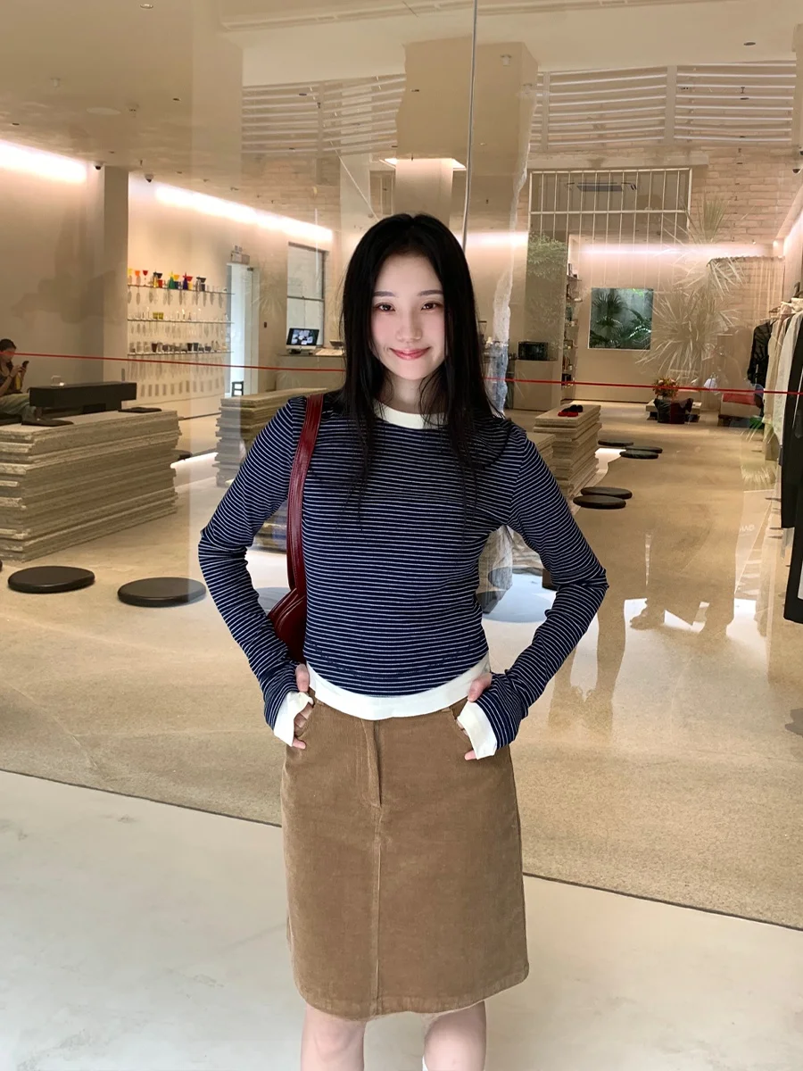 

Женский приталенный полосатый лонгслив из смесовой шерсти с защитой от катышков, повседневный, в корейском стиле, с круглым вырезом