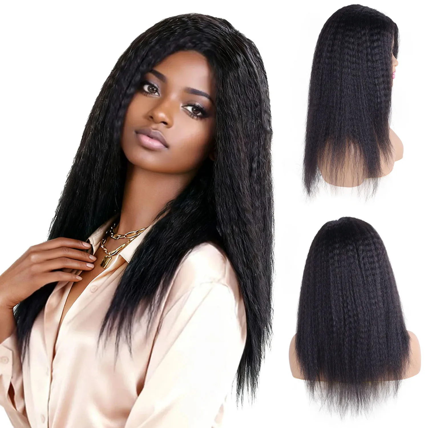 

Синтетические волосы Яки Прямые натуральные черные парики для чернокожих женщин Ежедневные вечерние бесклеевые Afo Kinky Прямой парик 20-дюймовый длинный парик