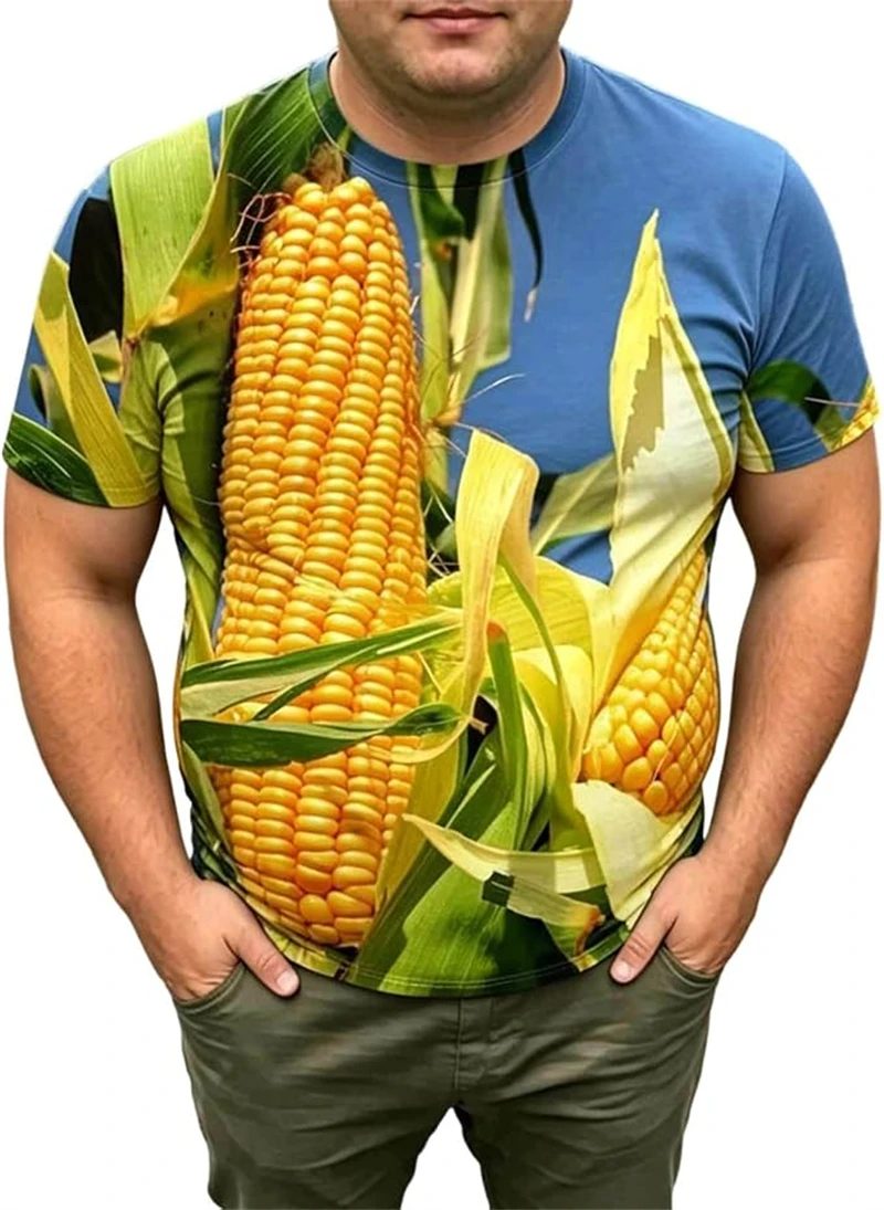 Funny Optical Illusion Fruit T Shirt For Men 3D Corn Watermelon Vivid Print Short Sleeve O‑Neck Tops Party Costume Casual Tees