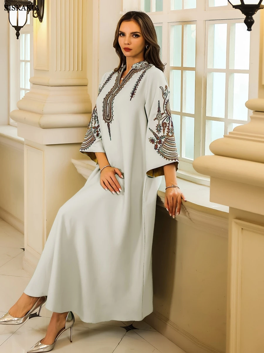 Siskakia Dresses With Long Sleeves Embroideried Beading Muslim Dubai Woman’s Abayas Casual Fashion Loose Luxurious Evening Dress