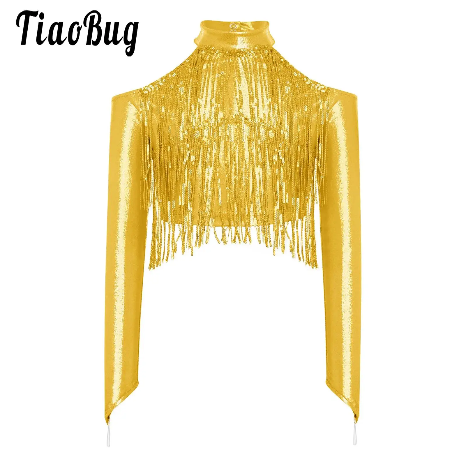 

Kids Girls Jazz Dance Top Tango Gymnastic Figure Skating Costume Shirt Cold Shoulder Long Sleeve Sparkly Sequin Tassels Crop Top