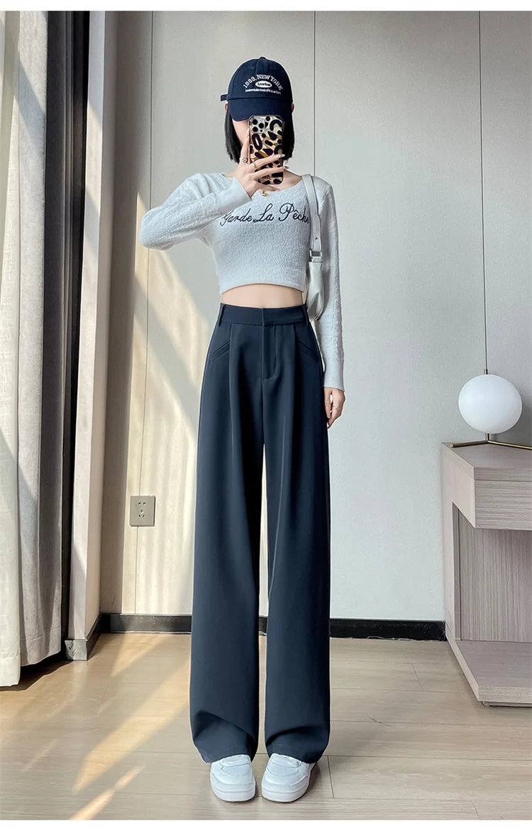 Spring 2024 New Fashion All-Match Simple Office Suit Pants Wide-Leg Pants High Waist Narrow Straight Casual Mop Pants Women