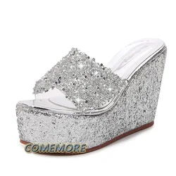 Pantofole con plateau pantofole con tacco a zeppa da donna pantofole da spiaggia estive Casual muli in argento dorato tacchi alti sandali di lusso scarpe da sposa