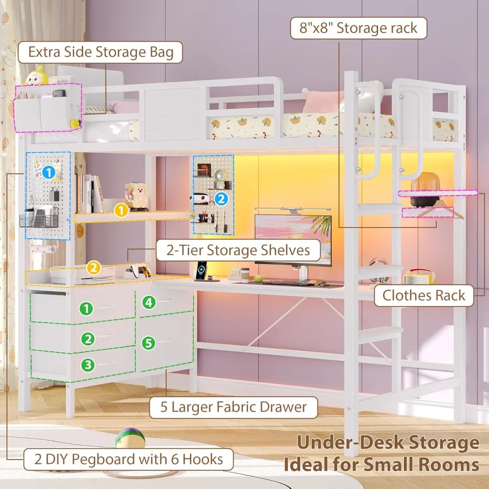 Twin Size Loft Bed with L-Shaped Desk, Heavy    Metal Frame, 5 Drawers, LED Lights &    Station for Small Room Dorm