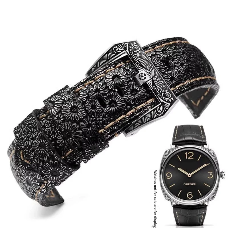 

For Panerai PAM441 448 312 Bracelet high quality Cowhide Genuine Leather Strap retro flower grain Thick Watch band 22 24mm 26mm