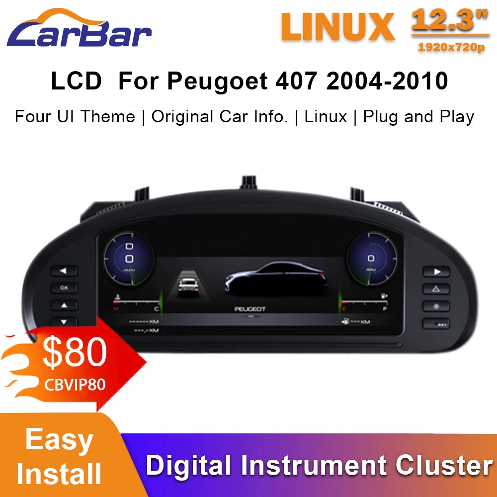 

Carbar 12.3" LCD Dashboard Screen LCD For Peugoet 407 2004-2010 Car Digital Instrument Cluster Speedometer