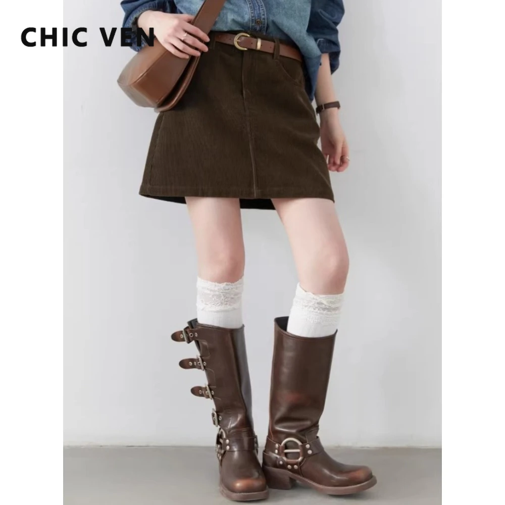 CHIC VEN Korean Women Skirts Retro High Waisted A Line Solid Half Short Skirt Female Basic Clothes Spring Autumn 2026