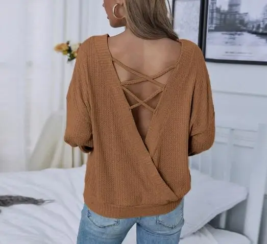 2026秋冬新作 レディース ゆったり おしゃれ カジュアル セクシー バックレス プルオーバー 長袖 ワッフル レディース Tシャツ