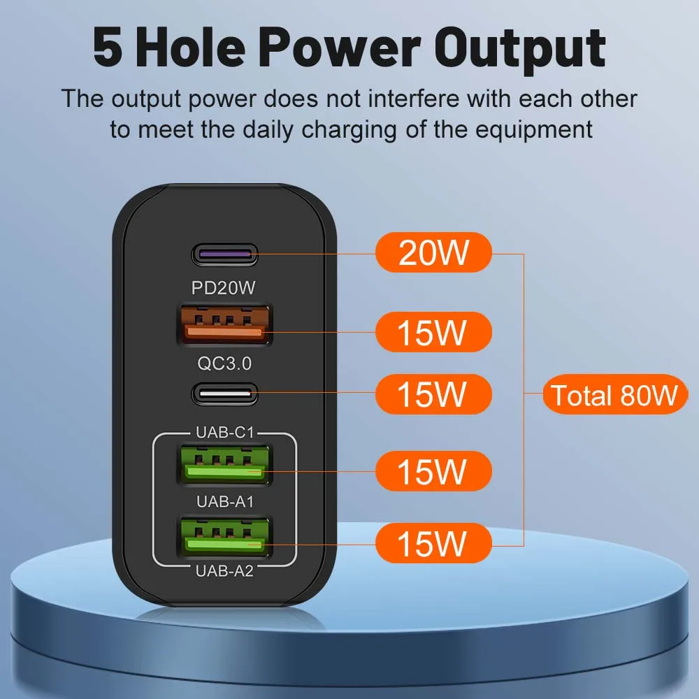 Total 80W 3 USB 2 PD Charger Fast Charging QC3.0 Travel Charger For iPhone Samsung Xiaomi Mobile Phone Adapter EU US UK Plug