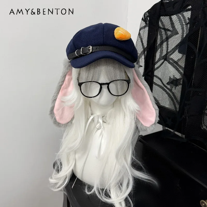 

Шляпа для косплея в стиле Лолиты, милый плюшевый берет с заячьими ушками для женщин, милая кепка для газетчика Kawaii для женщин, повседневные универсальные повседневные шапки