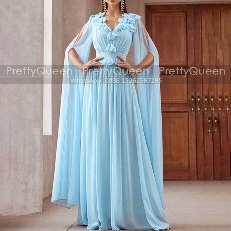 Customized Applique V Neck Mother of the Bride Dresses With Long Sleeves Pleat A Line V Neck Light Blue Chiffon Prom Dress