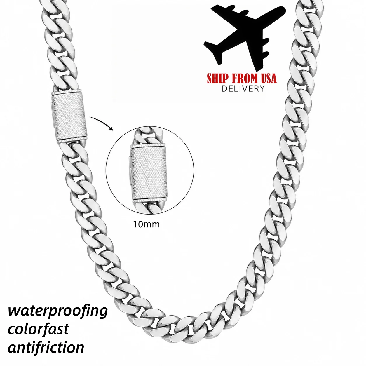 10mm Silvery Cuban Link Chain Necklace for Men,  Stainless Steel Miami Curb Chain with CZ Iced Clasp, Hip Hop Jewelry, Luxury Streetwear Necklace for Daily Wear, Party & Gift