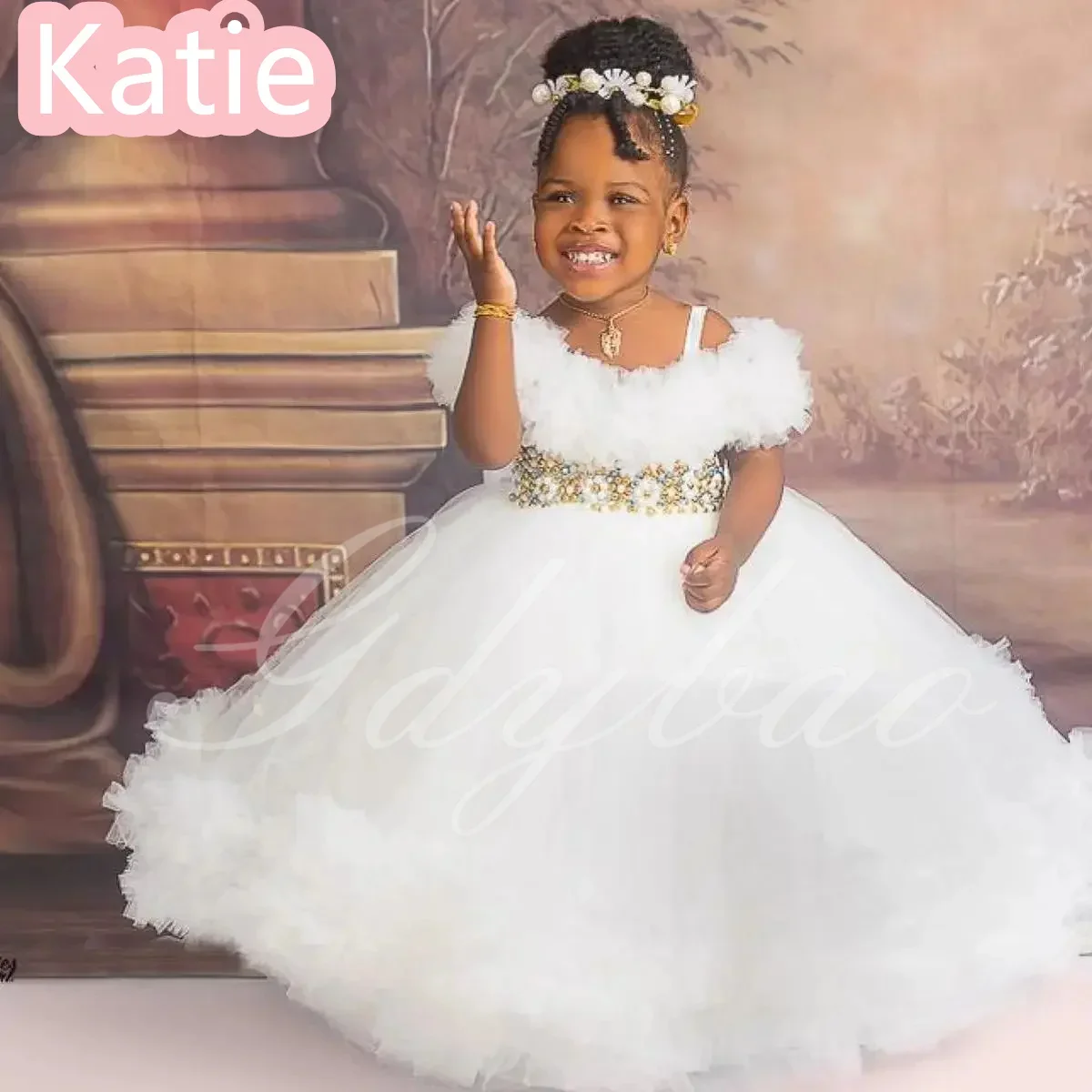 فستان بناتي على شكل زهرة وردية لحفلات الزفاف مطرز باللؤلؤ من التول المنتفخ للأميرة للأطفال وحفلات أعياد الميلاد الأولى مخصصة #3