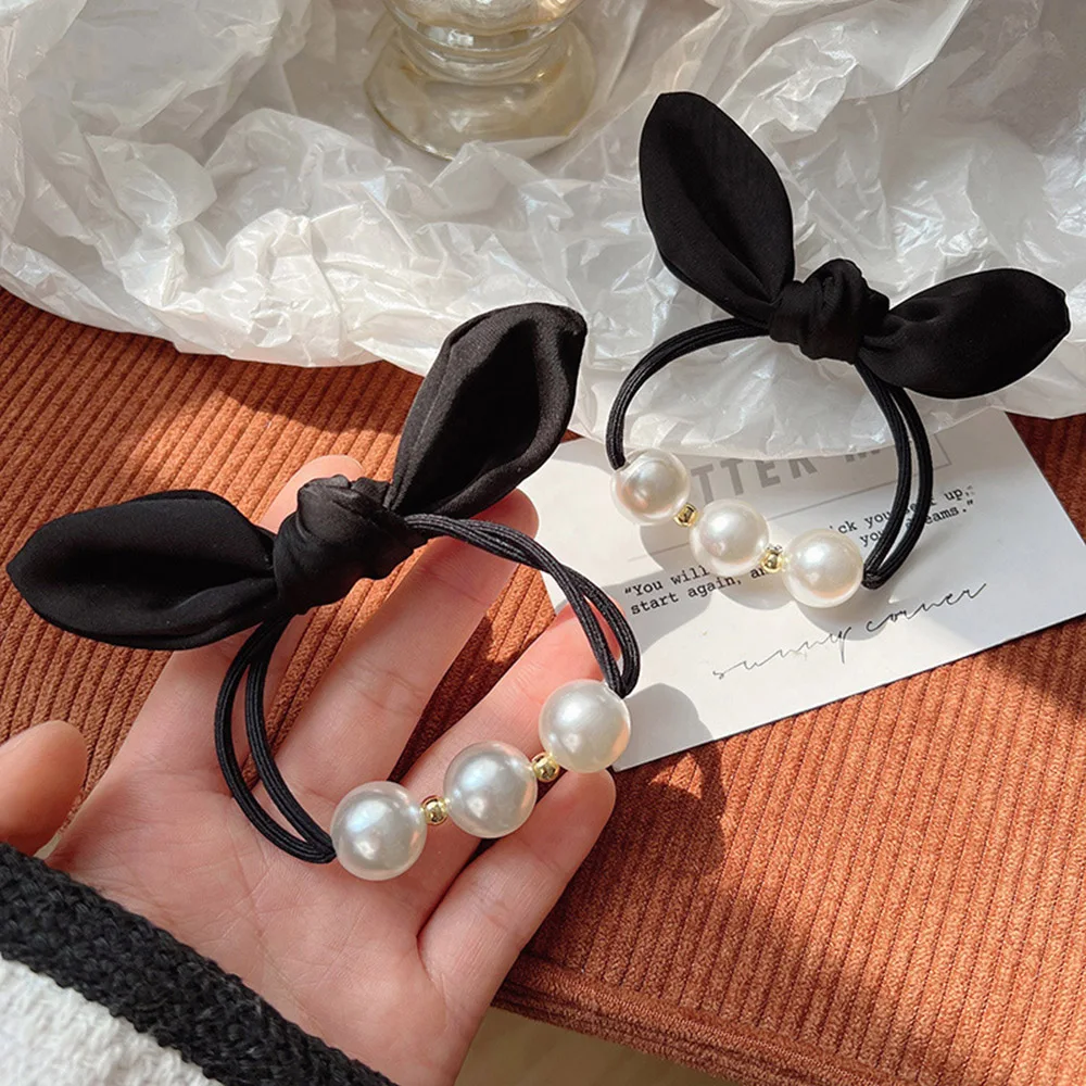 Fashion Imitation Pearl Rhinestone Bow Hair Rope Simple Rubber Band Hair Ties for Women Girls Ponytail Hairband Hair Accessories