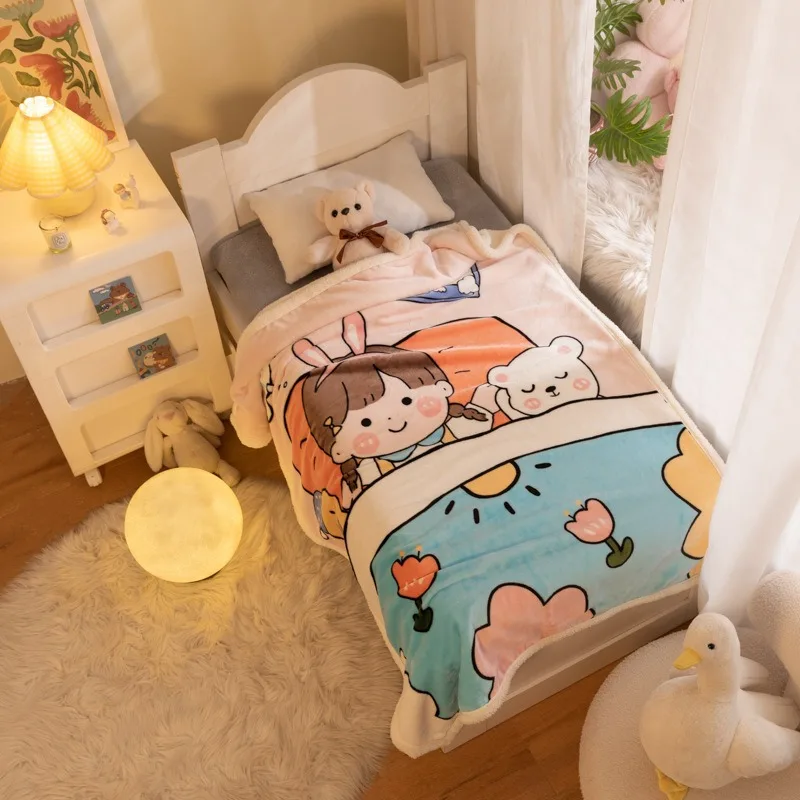 

Double Layered Thickened Plush Children's Blanket Cartoon Lamb Wool Kindergarten Nap Four Season Blanket Bedroom Sheet