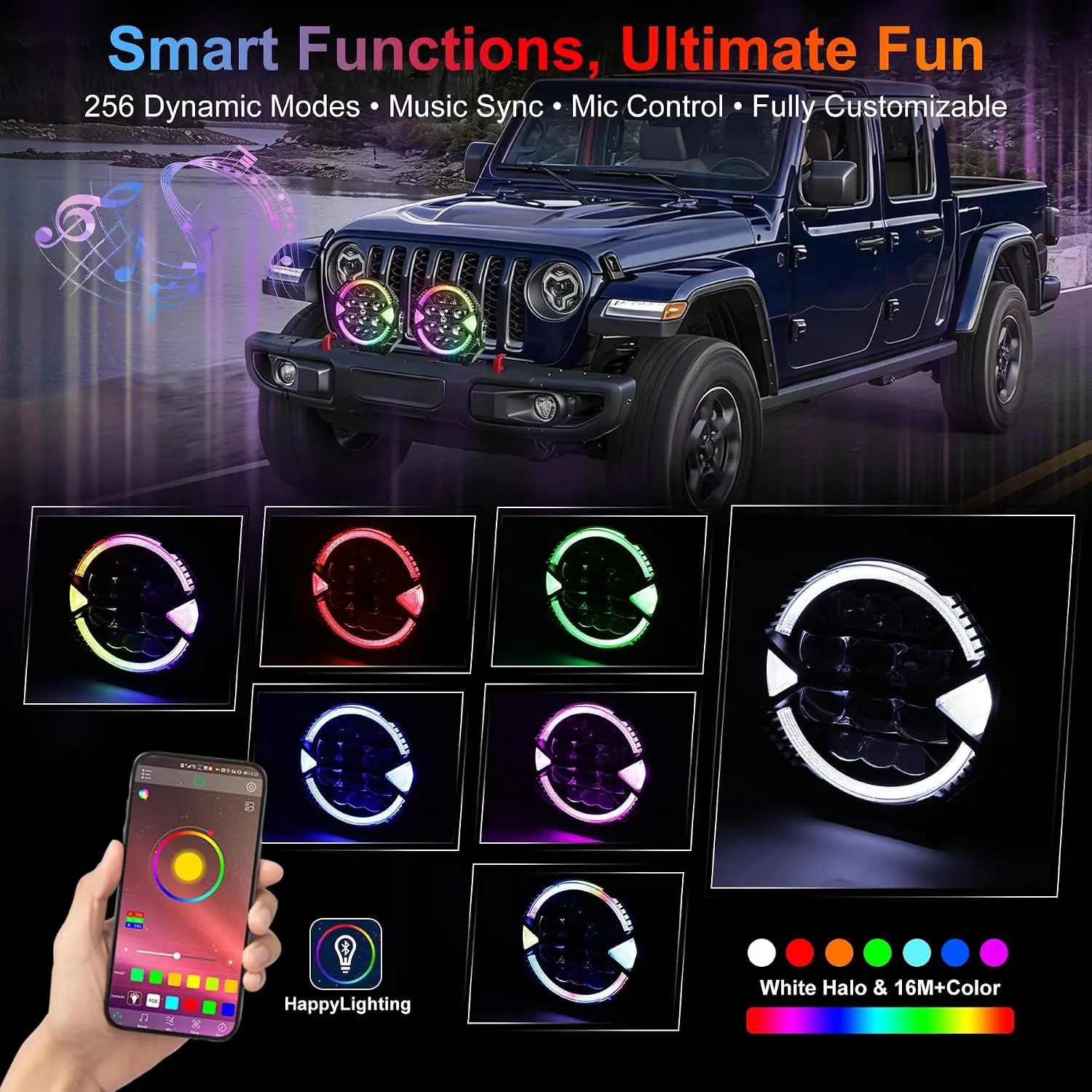 MOVOTOR 9-дюймовые RGB-фары для бездорожья, 2 шт., с высокой и низкой яркостью, RGB-гало-дневные ходовые огни для Jeep, Tacoma, 4Runner, грузовиков, внедорожников, UTV, пикапов.