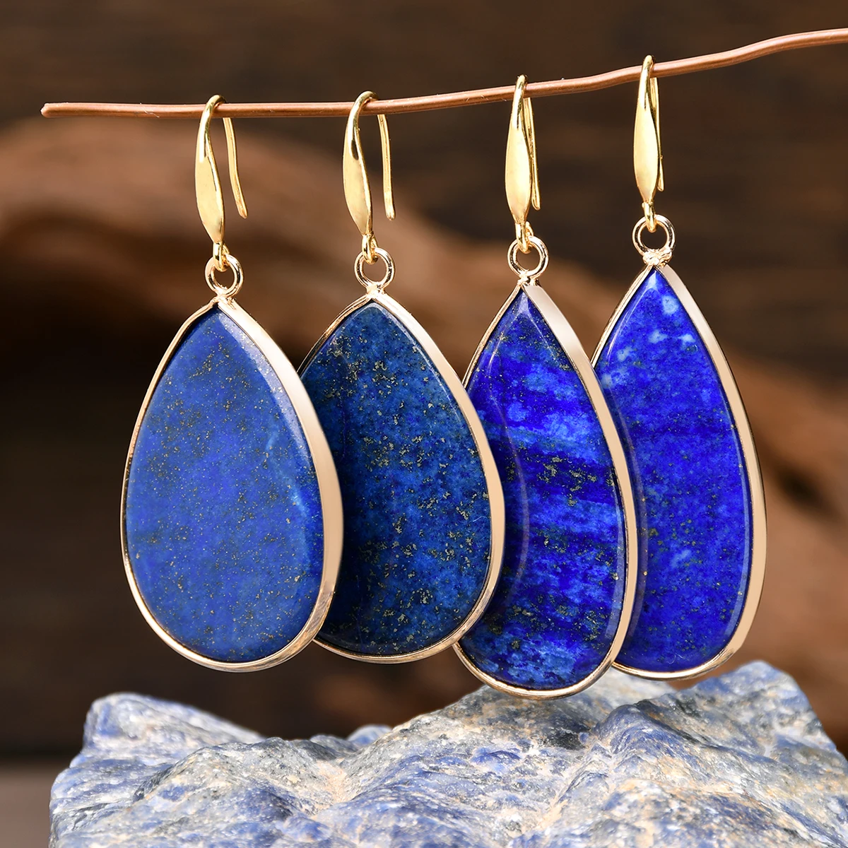Natural Stone Lapis Round Water Droplet Dangle Earrings Bohemian Wome\'s Delicate Trendy Banquet Party Handmade Jewelry