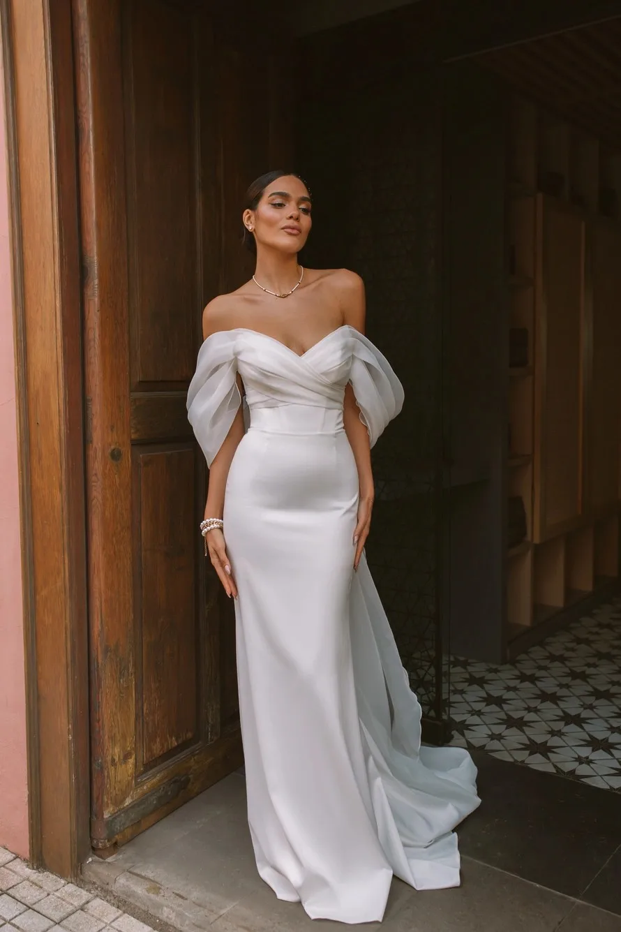 Vintage Women's Wedding Dress Elegant Simple Style Bridal Gowns Satin Robe Graceful Off the Shoulder 2024 Vestidos De Novia