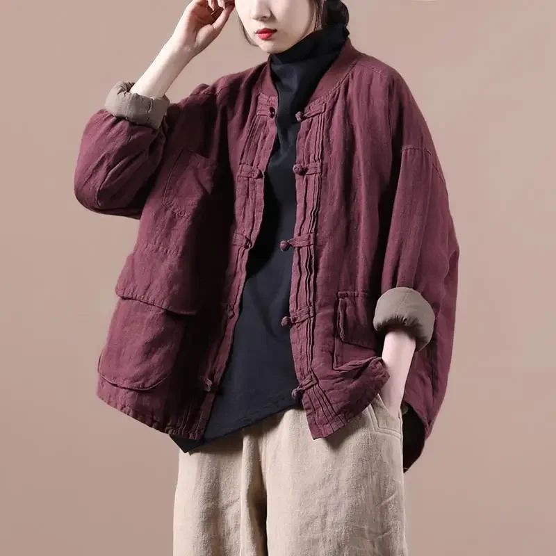 

Women Winter Ethnic Style Retro Loose Leisure Coat Stand Collar Single Breasted Winter Clothes Long-Sleeved Women's Short Jacket