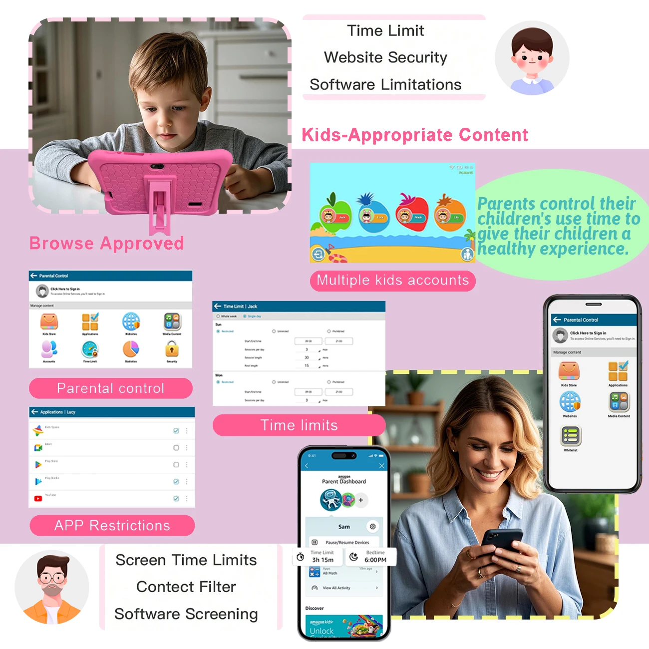 Suitable for Children Aged 3-12, 7inch Android Children's Tablet with Parental Control, Pre-Installed Educational Software, Dual Cameras, Supports Wifi, Two Color Options, Is a Favorite Gift for Children, Does Not Come with a Plug