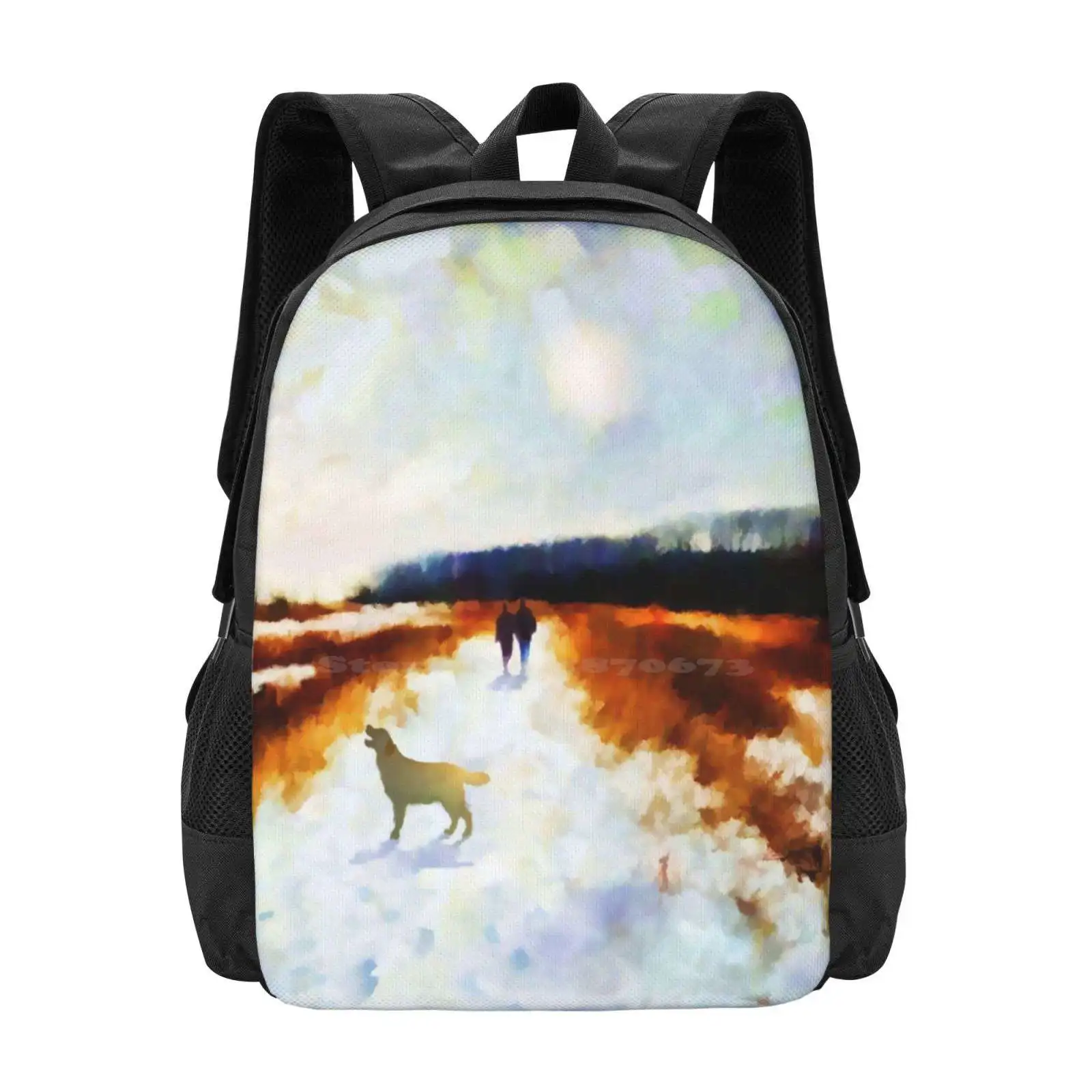 Broadland Walk Hot Sale Schoolbag Backpack Fashion Bags Landscape Snow Dog Duck Impressionism Luminescence White Water