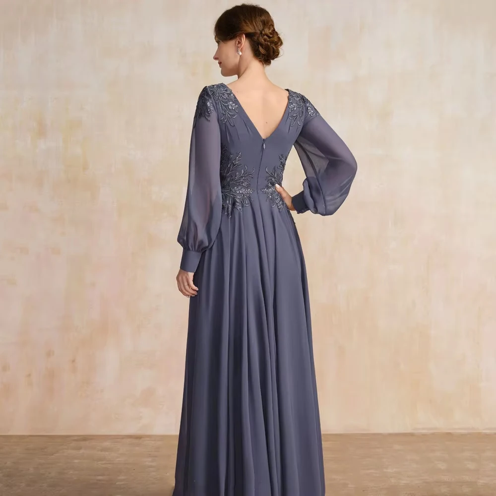Personalizado chiffon uma linha elegante mãe de vestidos manga longa com decote em v formal vestido de noite applique vestido de festa de casamento