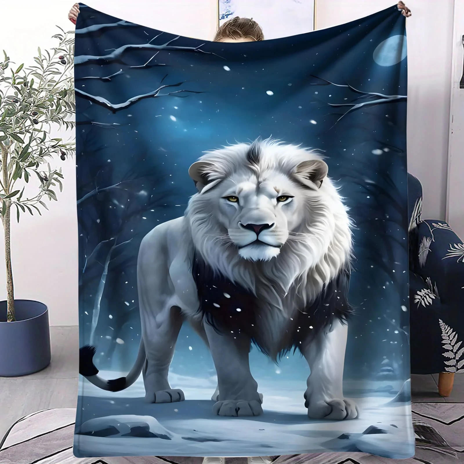 Manta de león blanco Snowfield, forro polar de estilo frío, servicio para cama, sofá, espacios, decoración cálida y acogedora