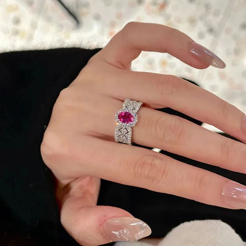 

silver 925 inlay diamond sweet Vintage Fine Jewelry Luxury Daily ring 6*8mm pink ellipse rings for women fine Accessories